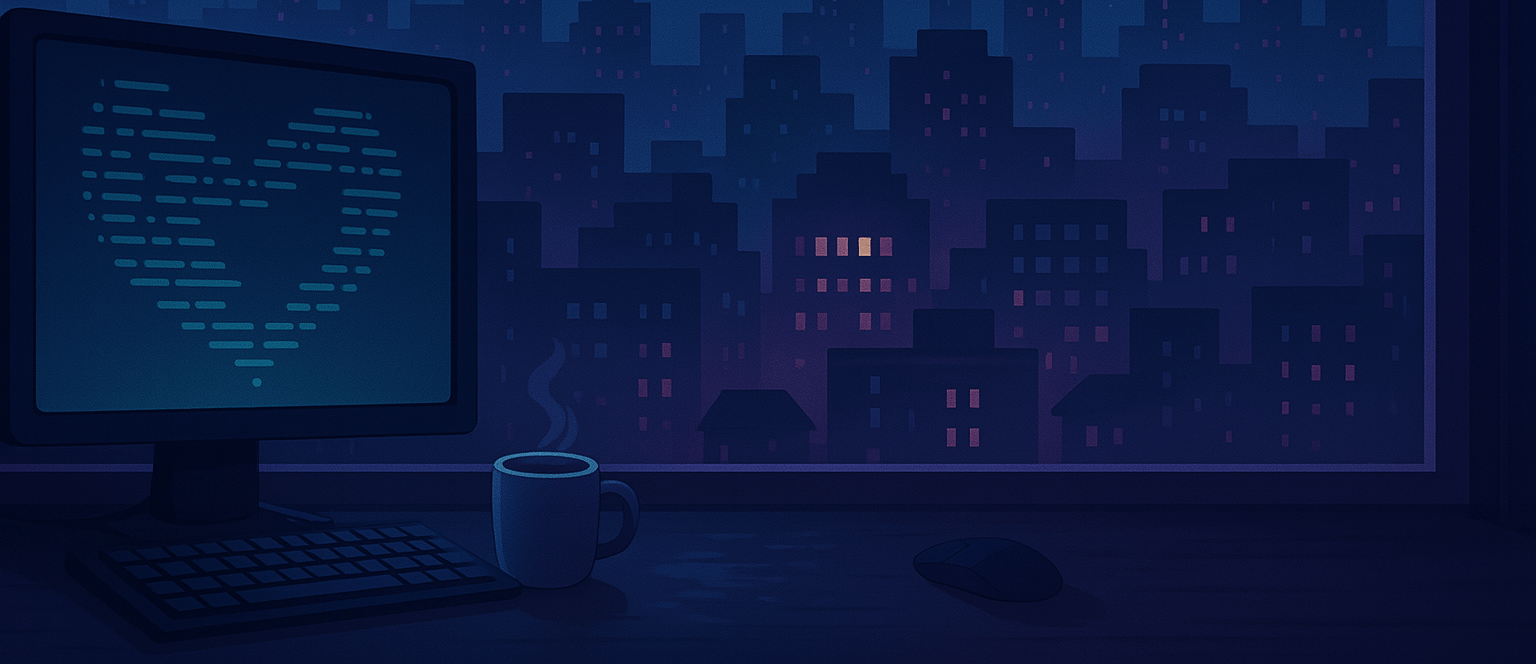 Night-themed header illustration showing a computer monitor with dark mode enabled and a keyboard and mouse in front of a window with a dark cityscape