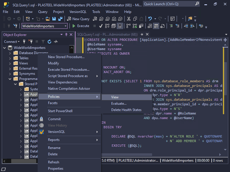 SSMS with the SQL Shades Catppuccin Frappe theme