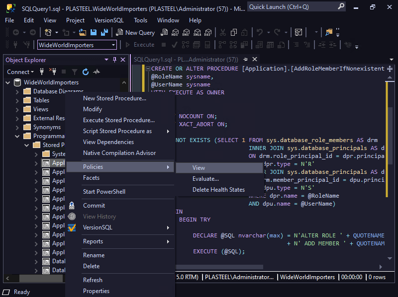 SSMS with the SQL Shades Catppuccin Mocha theme