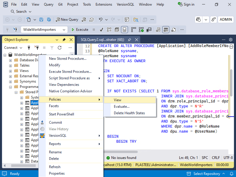 SSMS 22 running the SQL Shades Classic Blue theme: navy document tab channel, gold selected tab, and light toolbars