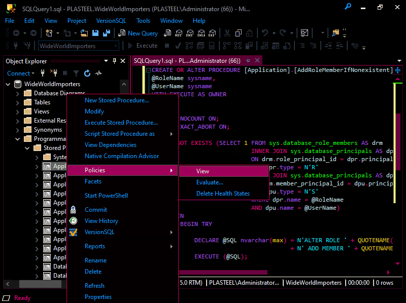 SSMS with the SQL Shades Cyberpunk OLED theme